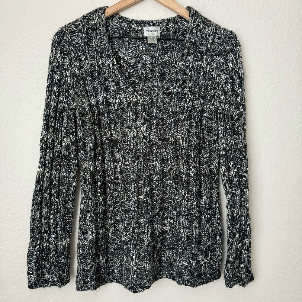 Vintage Chicos Womens Black Knit Sweater Scoop Neck Longsleeve Top Size Medium